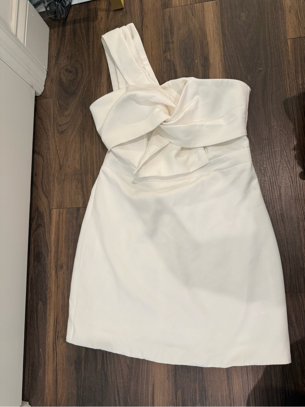 American Threads One-Shoulder Cream Twist Bodice Dress